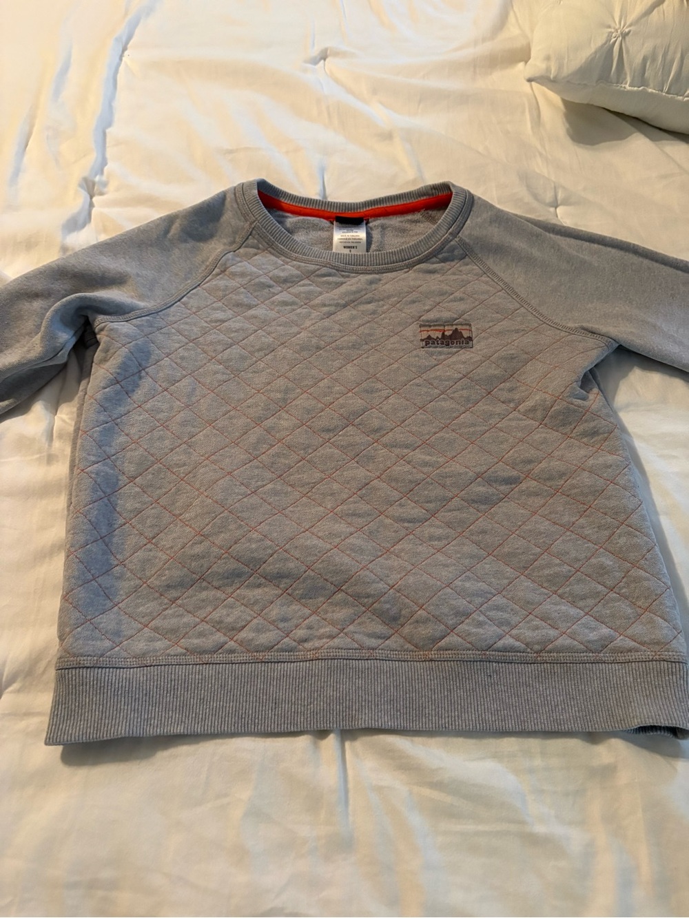 Patagonia Light Gray Quilted Crewneck with Orange Accent
